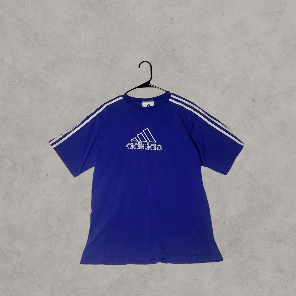 Adidas Vintage Y2K Blue Embroidered Logo Three Stripe Short Sleeve T-Shirt XL
